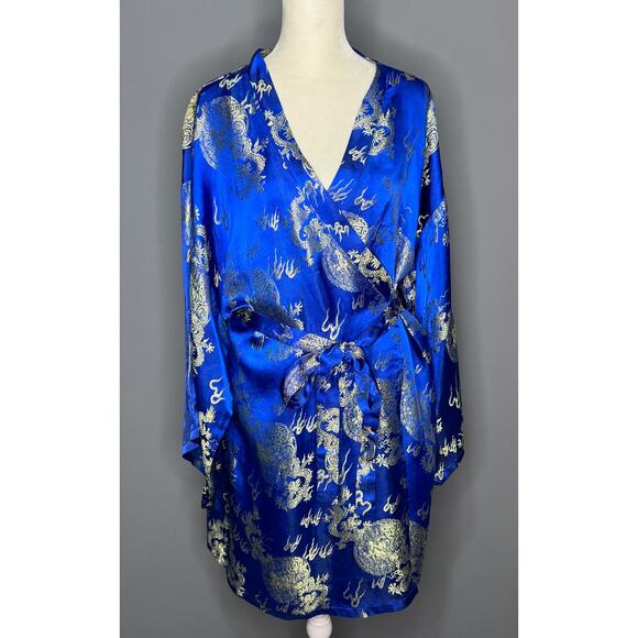 Kimono Other - VTG Royal Blue Dragon Robe/Kimono Gold Embroidery One Size